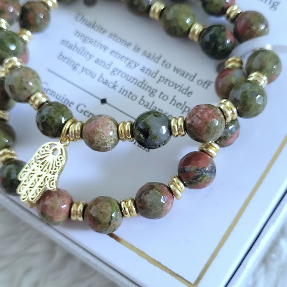 Shivam Unakite Stretch Bracelet Duo✌️ with Hamsa🤚Charm - NIB - Picture 9 of 15
